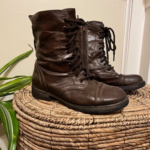Brown Leather Combat Boots - Picture 1 of 6